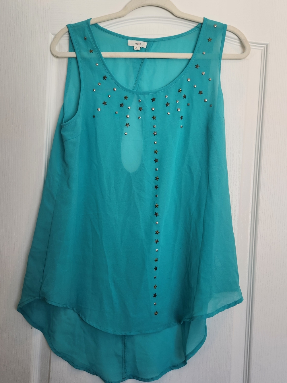mine Turquoise Sleeveless Studded High-Low Blouse L Euc